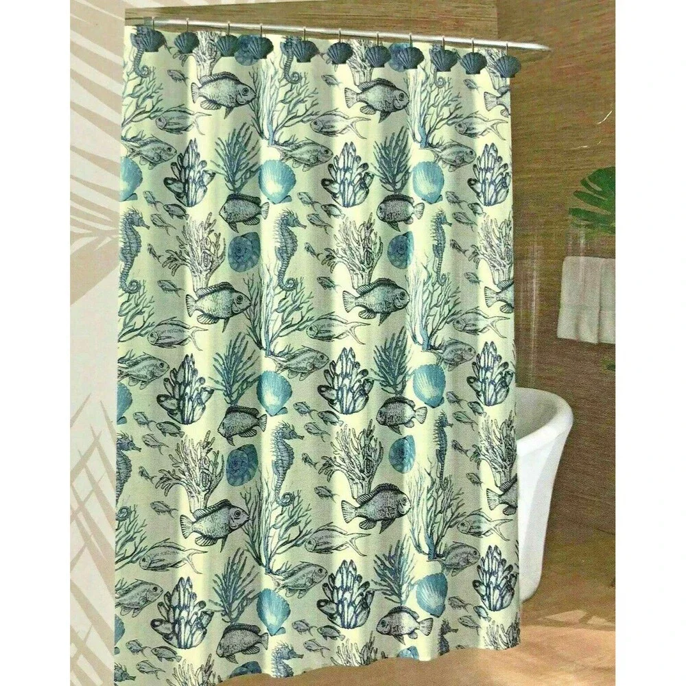 Caribbean Joe Deep Sea Seahorse Coastal Fabric Shower Curtain and 12 Shell Hooks